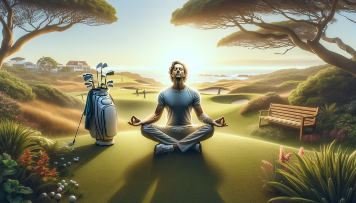 Serene golfer meditating on Durban's fairway, surrounded by golf clubs and coastal greenery.
