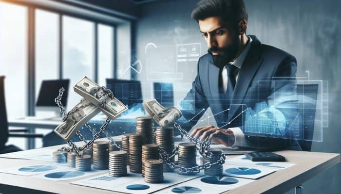 Is Debt Consolidation Only For Big Debts: Debunking the Myth | DCL A financial expert in a modern office analyzes charts of small and large debts, with breaking chains on coins symbolizing consolidation options.