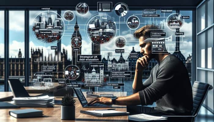 A determined person in a modern London office calculates debts on a laptop, surrounded by financial documents and Big Ben view.