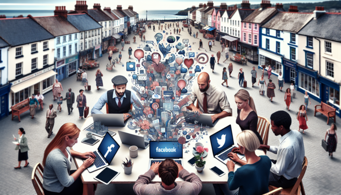 A vibrant team in Bideford customizes social media strategies on laptops with Facebook and Twitter icons, surrounded by locals in a coastal town square.