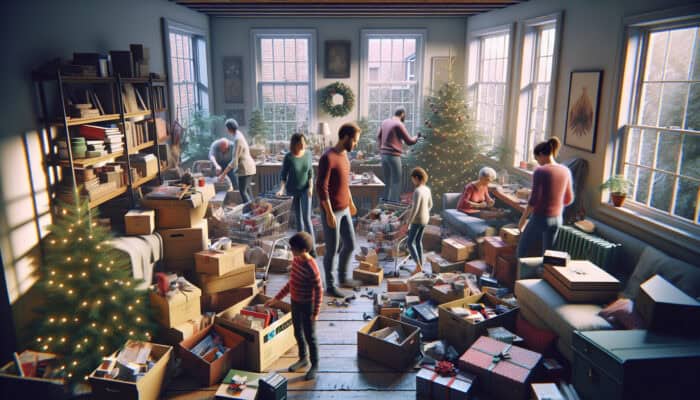 A family sorts cluttered shelves and boxes of unwanted gifts in a festive UK home during Christmas.