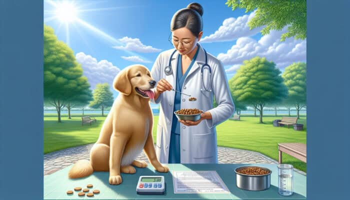 Treat Allowance Guidelines for Pets: In a sunny park, a pet owner carefully measures treats for a healthy golden retriever, promoting portion control and balanced nutrition.