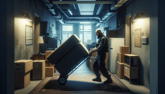Worker maneuvering a bulky sofa with trolley through narrow, cluttered UK flat hallway, surrounded by boxes and appliances.