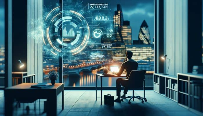 Debt Consolidation and Job Loss Risks: Essential Tips | DCL A focused individual in a modern London office reviews a digital credit report screen with graphs showing improved utilization and consolidated debts.