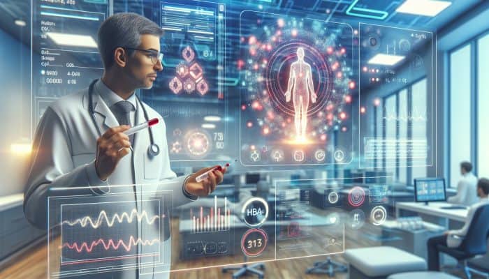 Diabetes Blood Test in Beeston: Doctor in a modern clinic holding a blood test tube, surrounded by screens showing HbA1c and glucose graphs for diabetes management.