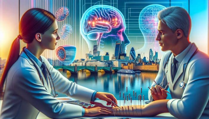 Doctors in a modern UK neurology clinic discuss acupuncture's efficacy, with needles in a patient's arm, brain scans, charts, and London skyline views.