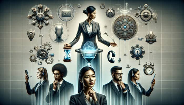 Tiered organizational chart: central leader delegates simple tasks to junior VAs, complex ones to experts, emphasizing efficient workflow and accountability.