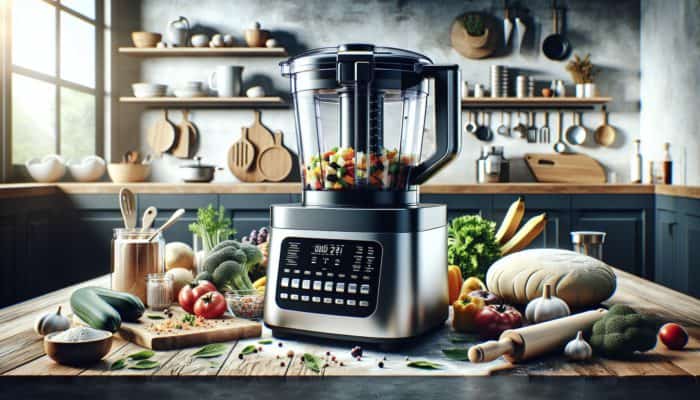 Top Food Processors for Meal Prep: A sleek, durable food processor with a 1000-watt motor and versatile attachments sits on a kitchen counter surrounded by fresh vegetables, fruits, and dough.