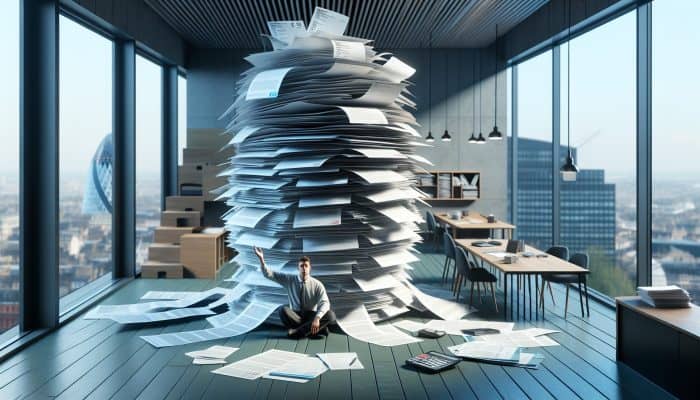 How I Paid Off Debt With a Consolidation Loan | DCL A relieved UK resident in a modern London flat, with fading credit card bills merging into a single loan document and graphs showing lower interest rates.