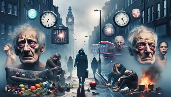 Can Hormone Imbalance Cause Weight Issues: Foggy London street with weary adults showing fatigue, mood swings, weight scales, and clocks depicting UK hormone imbalances.