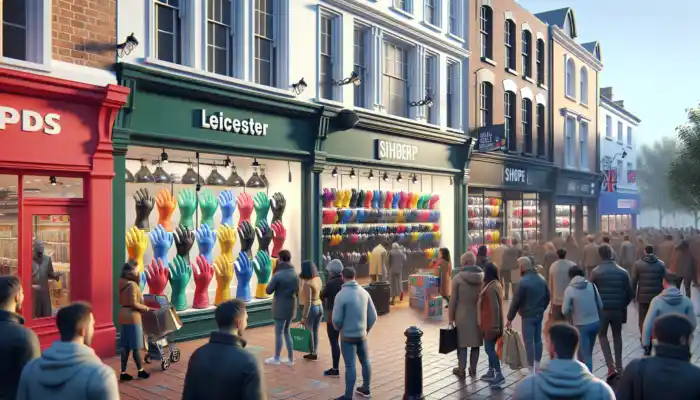 A bustling Leicester high street with B&M and Screwfix shops displaying heavy-duty rubber gloves, as a shopper examines options.