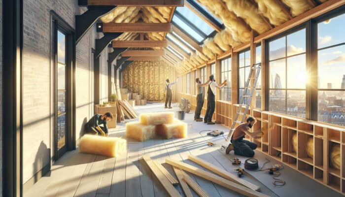 Eco-Friendly Loft Clearance In The UK: Workers installing recycled wool insulation and reclaimed wooden beams in a sunlit London loft, with repurposed metal sheeting and bamboo storage units.