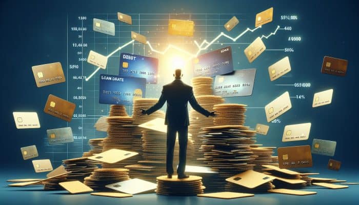 Debt Consolidation Loan Trends in 2025: Key Insights | DCL Debt Consolidation Loan Trends in 2025: Stressed UK borrower in London buried under towering credit cards and bills, merging into a golden loan document, with graphs showing 15% surge.