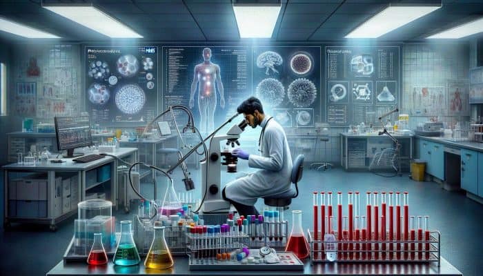What Does B12 Show Up As On Blood Test: Focused scientist in white coat examines blood sample under microscope in UK lab; screen displays 140 pmol/L B12 level with NHS charts and equipment.