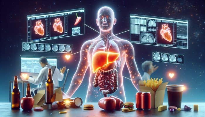 Illustration of a glowing inflamed liver surrounded by fast food wrappers and beer bottles in a modern UK clinic, with doctors reviewing NHS scans for early detection.
