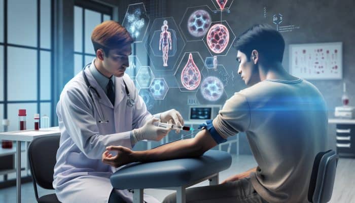 Cortisol Blood Test in Neath: In a Neath clinic, a doctor draws blood for a cortisol test, with holographic adrenal glands and cortisol molecules floating nearby.