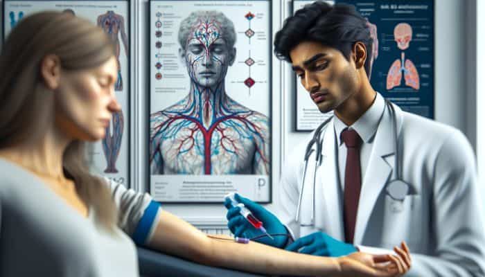 Vitamin B12 Blood Test in Wokingham: A doctor draws blood for a vitamin B12 test from a fatigued patient in a modern UK clinic, with posters depicting B12 molecules and neurological symptoms in vibrant blues and reds.