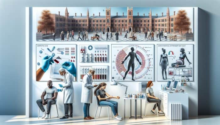 Food Intolerance Test in Winchester: In a modern Winchester clinic, diverse patients undergo food intolerance tests: blood draw, skin prick, and diet chart review.