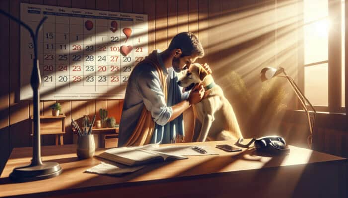 A pet owner gently monitors a recovering dog in a sunlit room, with a follow-up calendar and phone at hand.