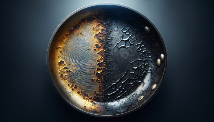 Close-up of a non-stick frying pan showing scratches revealing metal, peeling black coating, yellowed residues, and a pristine section under harsh light.