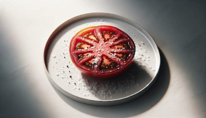 A vibrant slice of heirloom tomato sprinkled with sea salt, centred on a white plate, evoking minimalist simplicity and rich textures.
