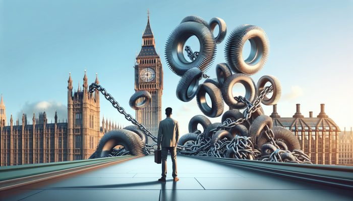 How to Consolidate Debt and Save Money: Expert Tips | DCL Illustration: A person in London near Big Ben watches tangled debt chains merge into a single gear, symbolising UK financial relief.