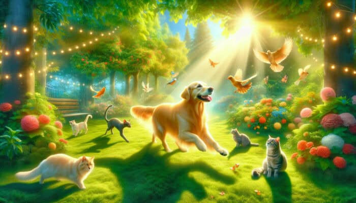 A joyful golden retriever playing fetch with its owner in a sunny park, with cats and birds nearby amid lush greenery and flowers.
