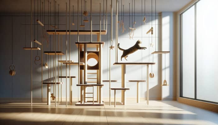 Climbing Structures for Active Cats: A multi-level cat climbing structure with textured ropes, wooden platforms, and toys, showing a cat leaping in a sunlit room.