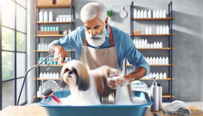 Professional Grooming vs Home Care for Pets: A skilled groomer in a bright salon gently bathes and trims a fluffy Shih Tzu using tools, checking for health issues.