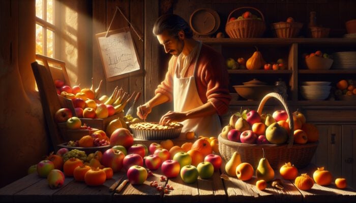 A baker selects fresh seasonal fruits: Granny Smith apples, Fuji apples, pears, persimmons, and quinces, on a sunlit wooden table.