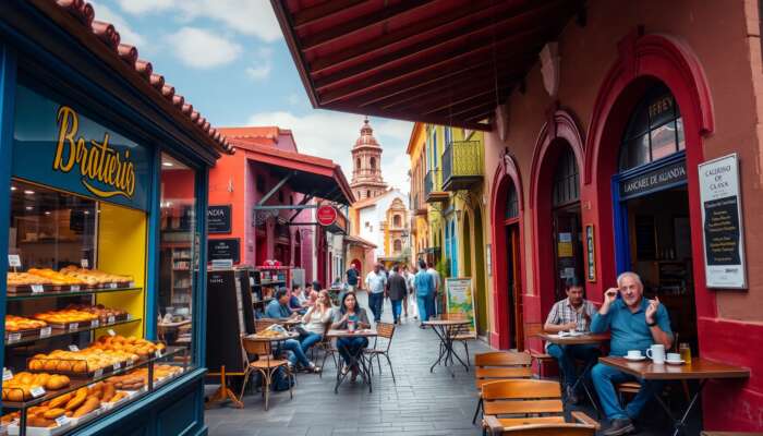 Colorful bakeries in San Miguel de Allende showcasing artisanal bread and pastries, with locals enjoying coffee at outdoor tables against a backdrop of traditional architecture.