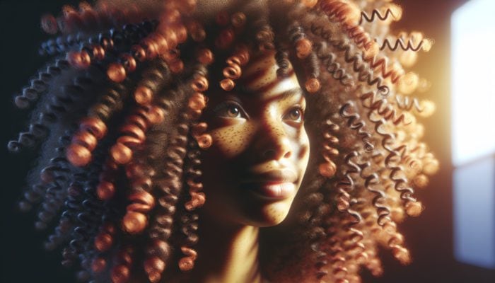 Crafting Cropped Curls for Tight Coils: A close-up portrait of a young woman with vibrant tight coils, featuring small zig-zag curls in Type 3C-4A styles under warm lighting.