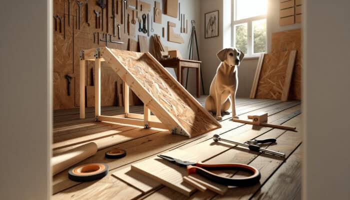Ramp Building for Pet Stairs: Small elderly dog climbs sturdy pet ramp of textured plywood and metal, with gentle 1:3 slope, in sunlit home with tools.