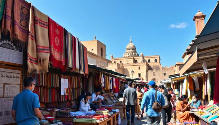 A vibrant market bustling with local artisans showcasing traditional crafts and colourful textiles, with individuals engaging in cultural activities set against a backdrop of historic architecture under a clear blue sky.