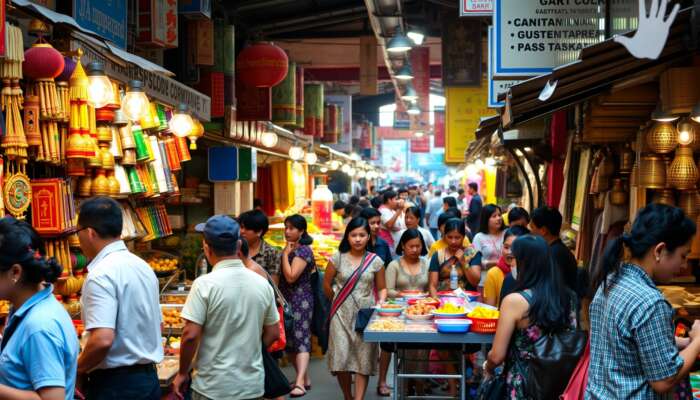 A lively street market bustling with locals and tourists, showcasing colourful crafts, traditional foods, and cultural performances, highlighting active engagement and interaction.