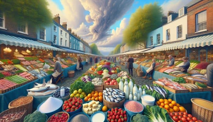 Understanding Thyroid Levels Fluctuate: A vibrant UK market scene showcasing fresh seafood, creamy dairy, colourful fruits, vegetables, iodised salt, organic produce, and hearty grains against a seasonal countryside backdrop.