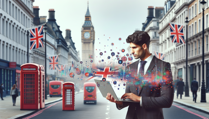 Small business owner in a London street, analysing strategy charts on a laptop surrounded by Union Jack flags, red telephone boxes, and Big Ben.