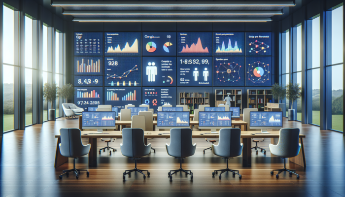 Small business owners in a modern Poole office viewing Google Analytics dashboards displaying traffic graphs, bounce rates, and data privacy symbols.