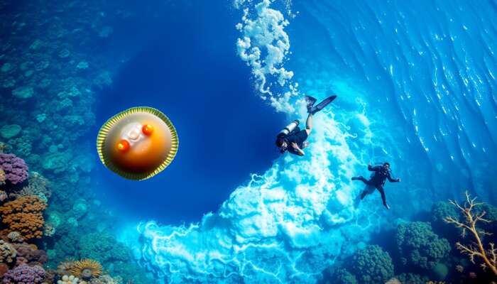 Scuba diver exploring the Great Blue Hole, surrounded by coral reefs and marine life, with strong currents, a jellyfish nearby, and a barracuda lurking in the shadows.
