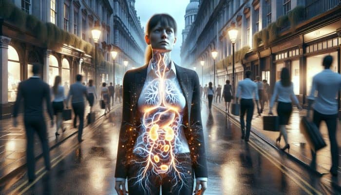 Cortisol and Weight Gain Connection: A stressed professional in a rainy London street, with glowing adrenal glands and hormone particles showing abdominal fat gain from urban stress.