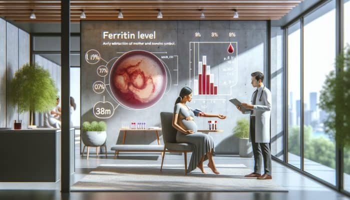 What is a Ferritin Blood Test in Pregnancy: Pregnant woman in a modern London NHS clinic undergoing a ferritin blood test, with doctor reviewing iron charts for anaemia detection.