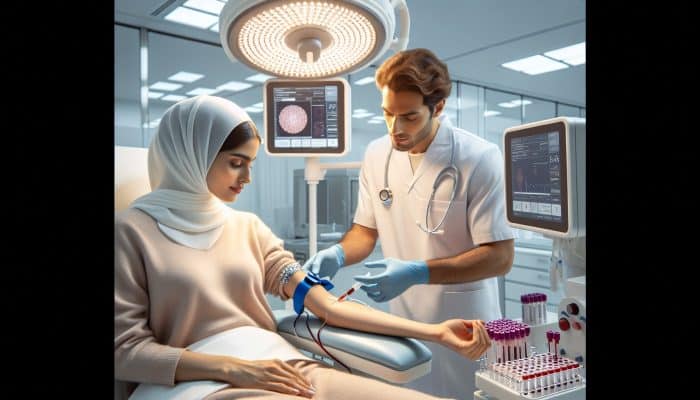 Fertility Blood Test in Derby: A nurse draws blood from a female patient's arm in a sterile clinic for a fertility test, using syringes and modern lab equipment.