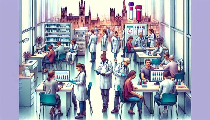 Busy Aberdeen clinic with diverse patients consulting NHS doctors on thyroid tests, screens for online scheduling, lab vials, and early detection posters.