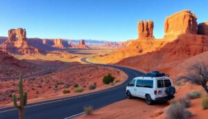 A white van with roof cargo is parked beside a winding road in the Desert Southwest, surrounded by towering red rock formations and mesas under a clear blue sky. A cactus stands nearby, with sunlight casting long shadows across this iconic road trip landscape.