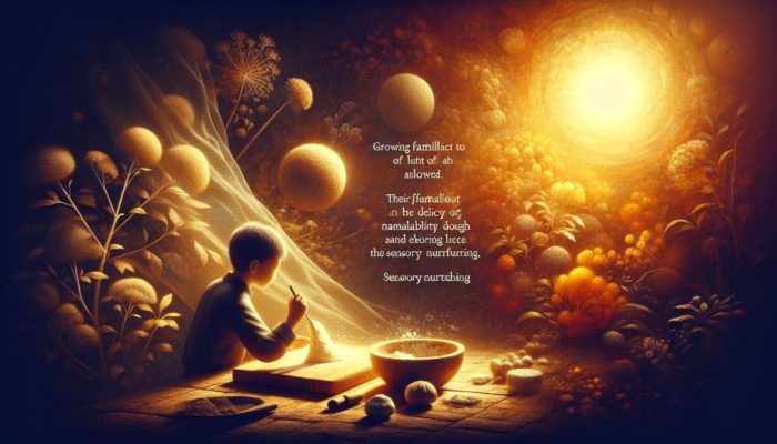 A person in a sunlit kitchen caressing fabrics, kneading dough, and touching wood, evoking sensory nurturing in warm, vibrant colors.