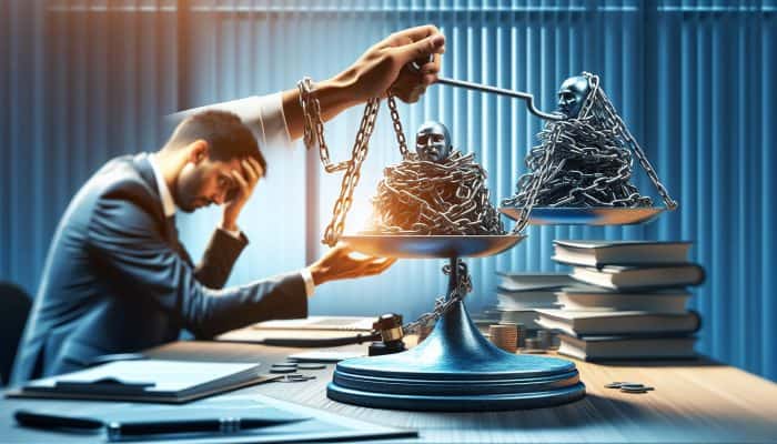 guarantor debt consolidation loans explained: Key Insights | DCL A stressed borrower in a modern office hands tangled debt chains to a confident guarantor balancing them on a scale, symbolising relief and unity.