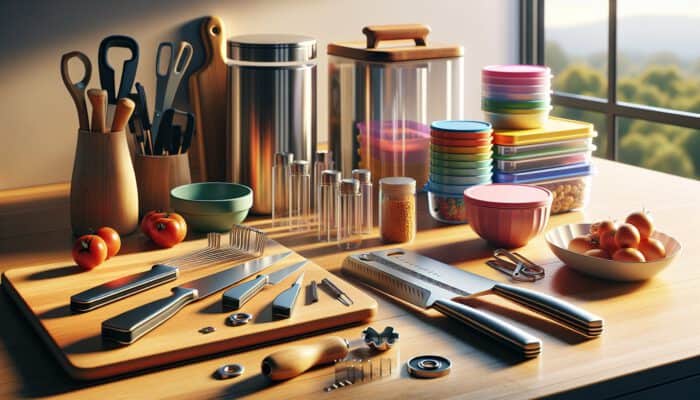 A well-organised kitchen countertop with sharp knives on a wooden board, colourful measuring cups, sturdy glass containers, and a can opener in warm light.