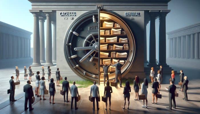 A frustrated person holds a thin credit file before a locked vault labeled "Financial Opportunities," with denied applications scattered, as others with thick files access wealth.