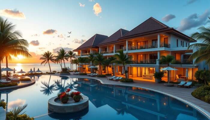 A luxurious tropical resort at sunset, showcasing modern architecture, pristine pools, manicured gardens, inviting staff, and stylish accommodations.