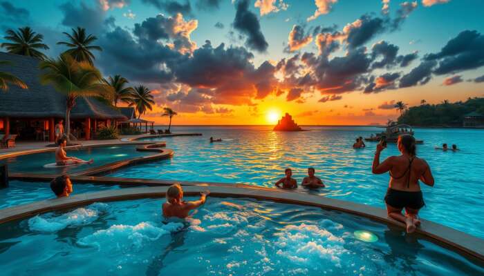 Luxurious tropical resort at sunset: guests unwind in a bubbling spa, snorkel in turquoise waters, and explore vibrant cultural ruins.